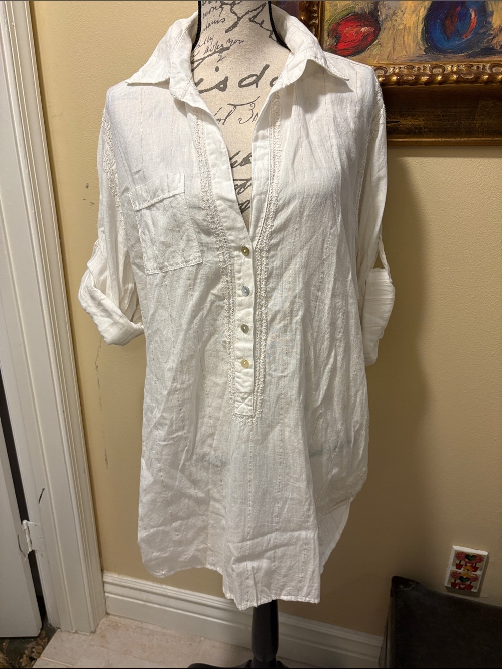 Subtle Luxury Handmade Boyfriend Cotton Embroidered metallic thread V-Neck Tunic